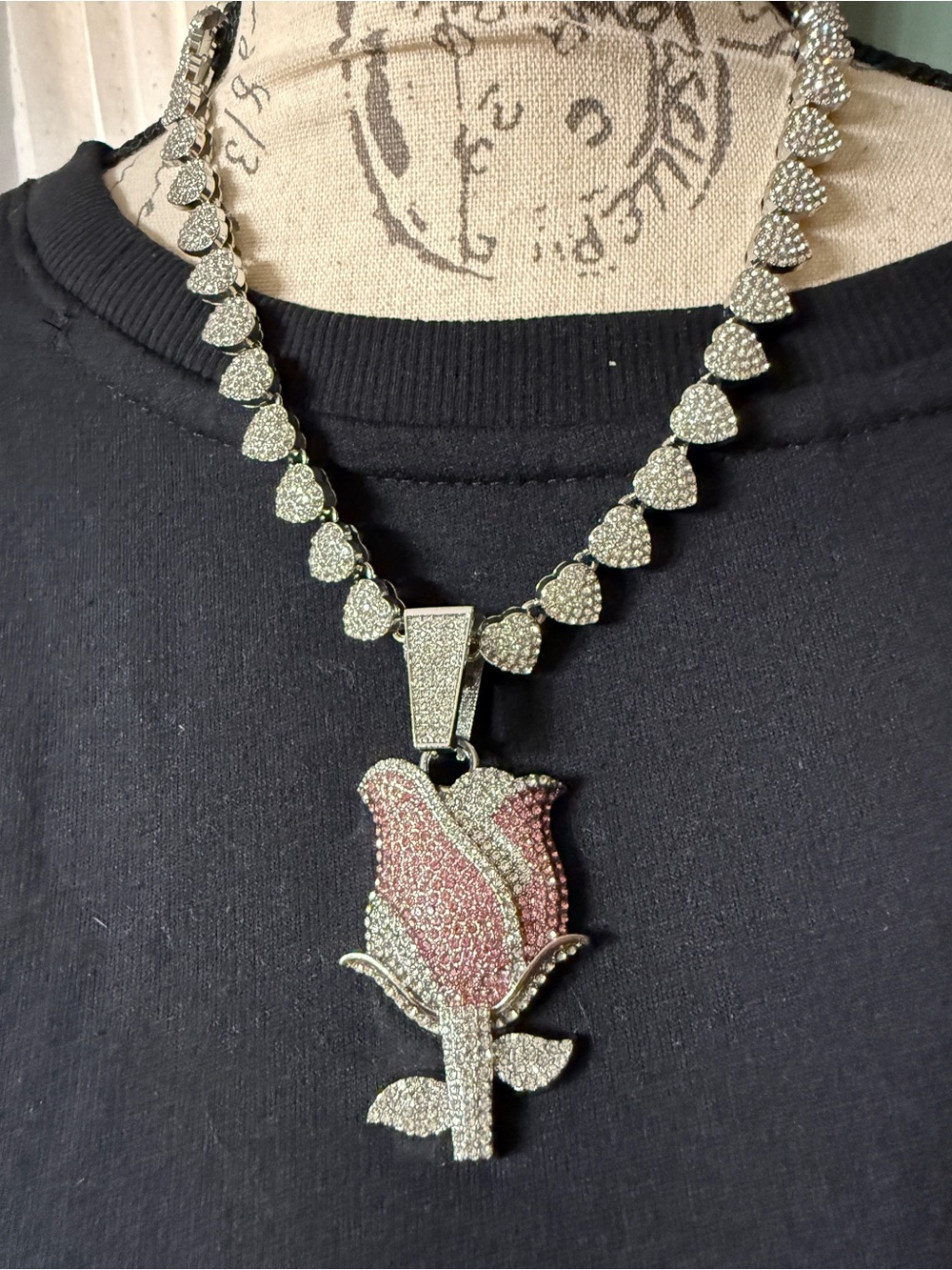Pavé Pink Rose Pendant Necklace in Silver Tone - Women Jewelry